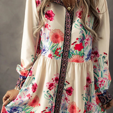 Flower Button Down Lantern Sleeve Dress