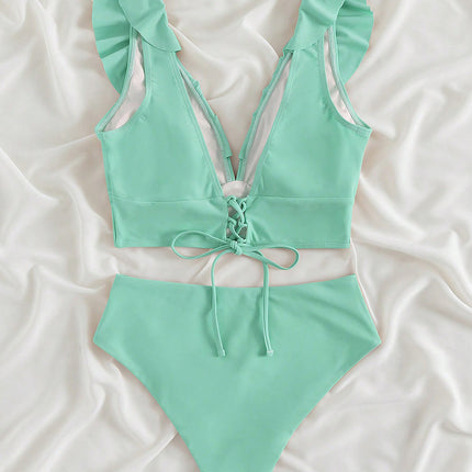 Ruffled V-Neck Sleeveless Two-Piece Swim Set