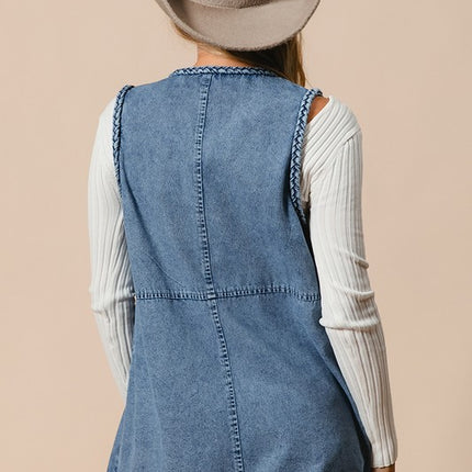 BiBi Braided Trim Open Front Denim Vest with Pockets