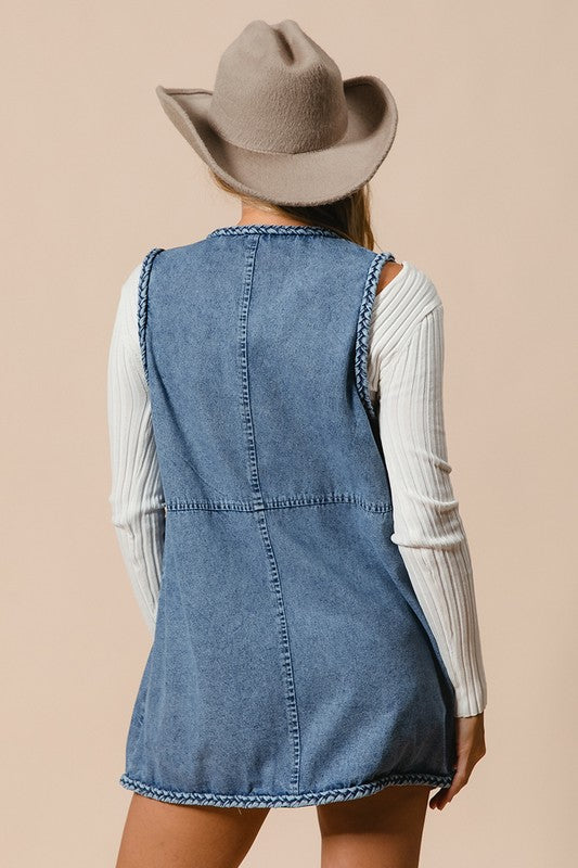 BiBi Braided Trim Open Front Denim Vest with Pockets