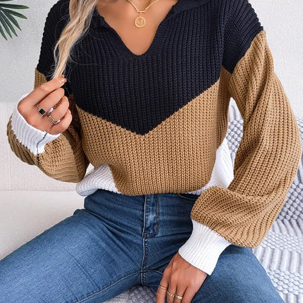 Autumn Winter Color Contrast Women's Sweater Casual Knitted Long Sleeve Top Fashion V-neck Pullovers Loose New In Knitwears 2023
