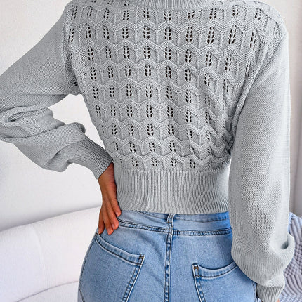 Openwork Mock Neck Long Sleeve Cropped Sweater