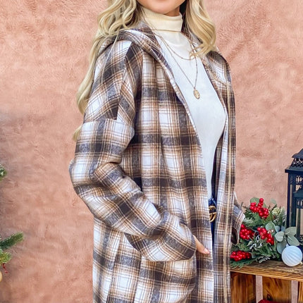 And The Why Plaid Open Front Hooded Shacket