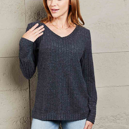 Double Take V-Neck Long Sleeve Ribbed Top