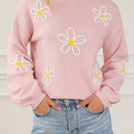 Flower Round Neck Dropped Shoulder Sweater