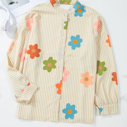 Striped Flower Button Up Long Sleeve Shirt