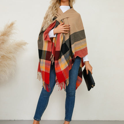 Fringe Contrast Plaid Poncho