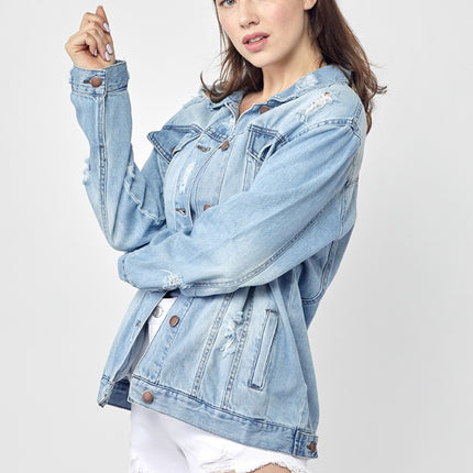 RISEN Full Size Distressed Long Sleeve Denim Jacket