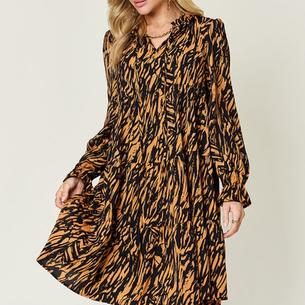 Double Take Full Size Printed Ruffle Hem Long Sleeve Dress