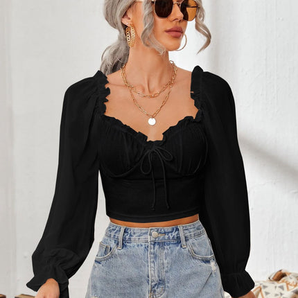 Mesh Sweetheart Neck Flounce Sleeve Top