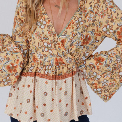 Peplum Printed Surplice Flare Sleeve Blouse