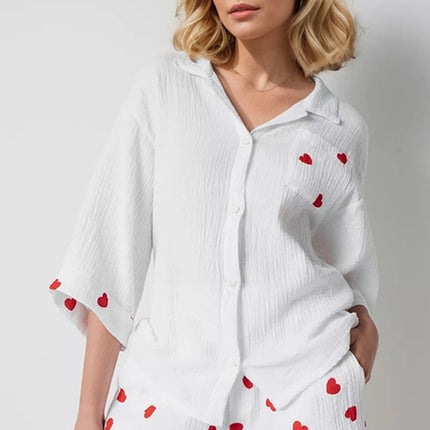 Basic Bae Heart Collared Neck Button Down Top and Shorts Set