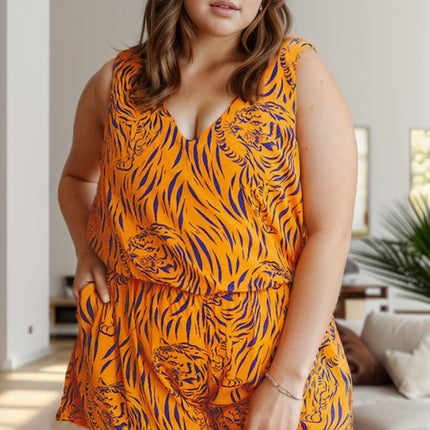 Plus Size Tiger Printed V-Neck Sleeveless Romper