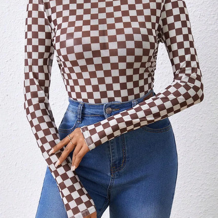 Checkered Turtleneck Long Sleeve Bodysuit