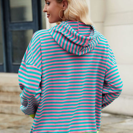 Drawstring Contrast Striped Long Sleeve Hoodie