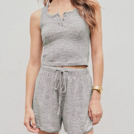 Quarter Button Sleeveless Top and Drawstring Shorts Lounge Set