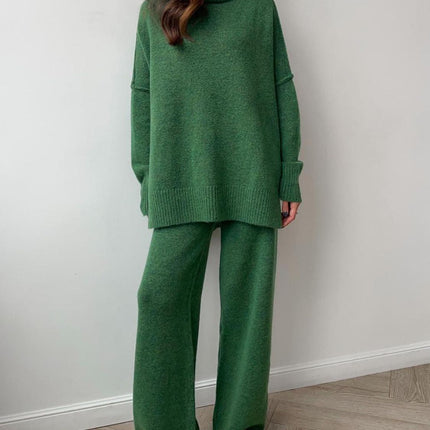 Slit Turtleneck Long Sleeve Top and Pants Sweater Set