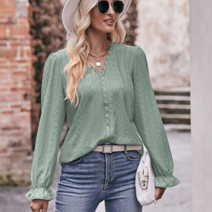 Mandy Eyelet V-Neck Flounce Sleeve Blouse