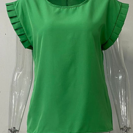 Ruffled Round Neck Cap Sleeve Blouse