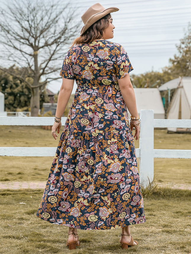 Plus Size Tied Printed Short Sleeve Midi Dress