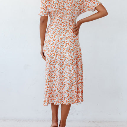 Ditsy Floral V-Neck Short Sleeve Midi Dress