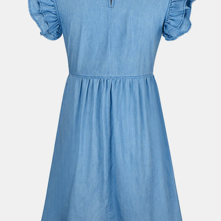 Full Size Ruffled Round Neck Cap Sleeve Denim Dress