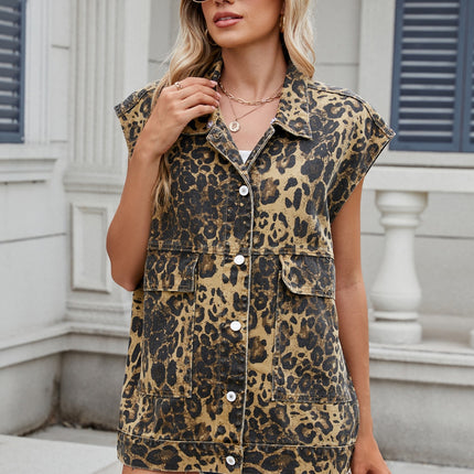 Leopard Buttton Up Denim Vest