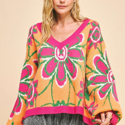 Davi & Dani Floral Contrast V-Neck Dropped Shoulder Sweater