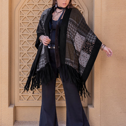 Plus Size Printed Fringe Open Front Outerwear