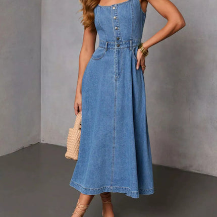 Sleeveless Button-Down Denim Midi Dress