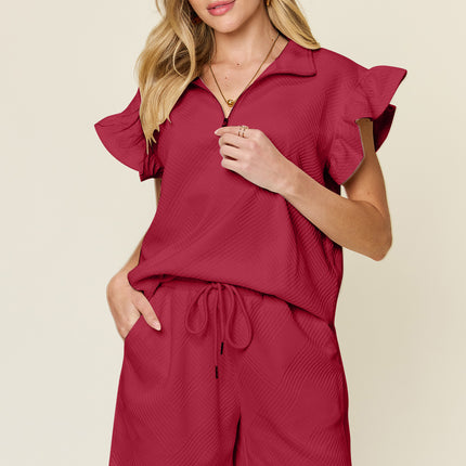 Double Take Full Size Texture Flounce Sleeve Top and Drawstring Shorts Set - Vickie Lynn's