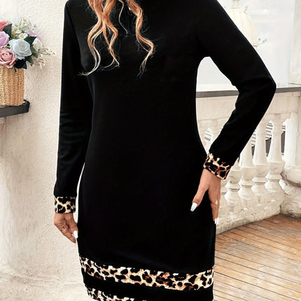 Leopard Trim Round Neck Long Sleeve Mini Dress