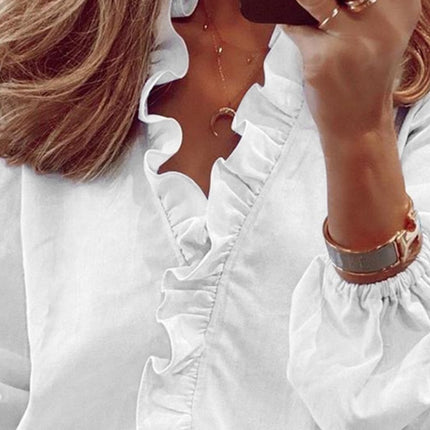 Full Size Ruffled V-Neck Long Sleeve Blouse