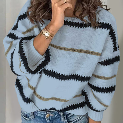 Contrast Striped Round Neck Long Sleeve Sweater