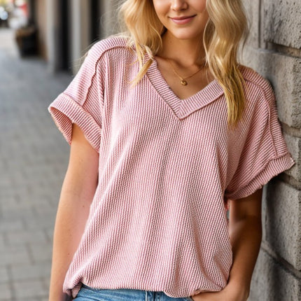 Heimish Full Size Exposed Seam Short Sleeve Ribbed Top