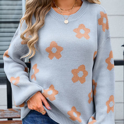 Flower Round Neck Dropped Shoulder Sweater