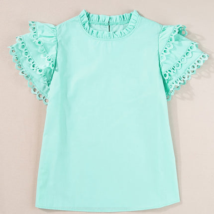 Ruffled Eyelet Round Neck Cap Sleeve Blouse