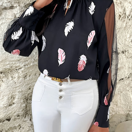 Feather Print Mock Neck Long Sleeve Blouse