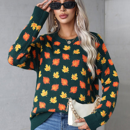 Angel Wings Maple Leaf Round Neck Long Sleeve Sweater