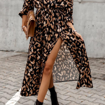 Slit Printed Surplice Long Sleeve Dress