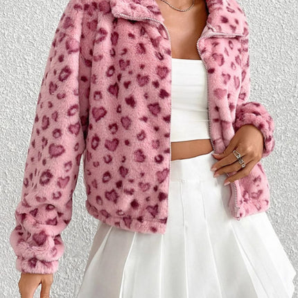 Leopard Zip Up Long Sleeve Furry Jacket