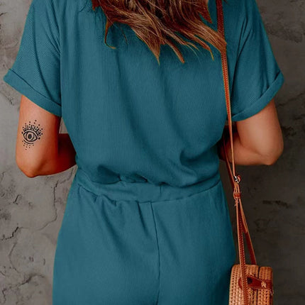 Full Size Drawstring V-Neck Short Sleeve Romper