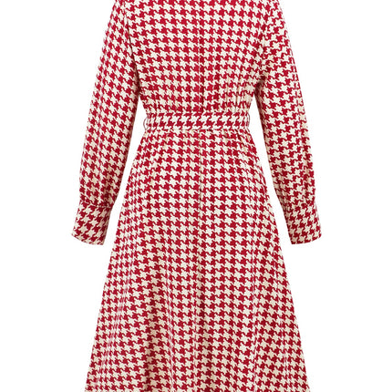 Tied Houndstooth Long Sleeve Midi Dress