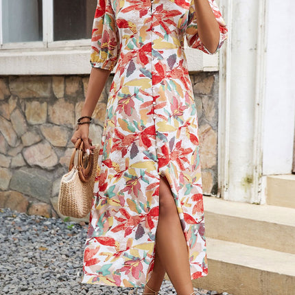 Printed V-Neck Half Sleeve Midi Dress