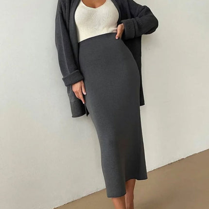 Pocketed Long Sleeve Cardigan and Skirt Sweater Set