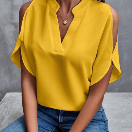 Notched Cold Shoulder Half Sleeve Blouse