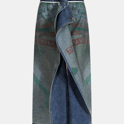 Reversible Slit Printed Midi Denim Skirt