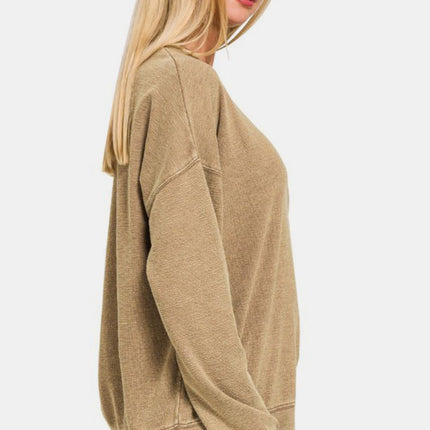 Zenana Washed Round Neck Dropped Shoulder Sweatshirt