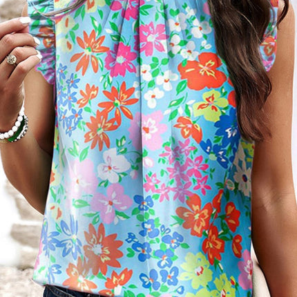 Ruffled Printed Mock Neck Cap Sleeve Blouse