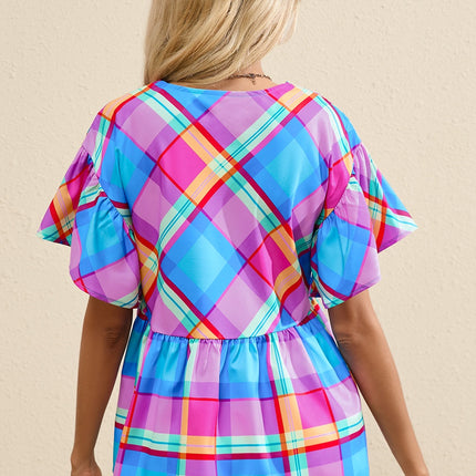 Plaid V-Neck Short Sleeve Blouse